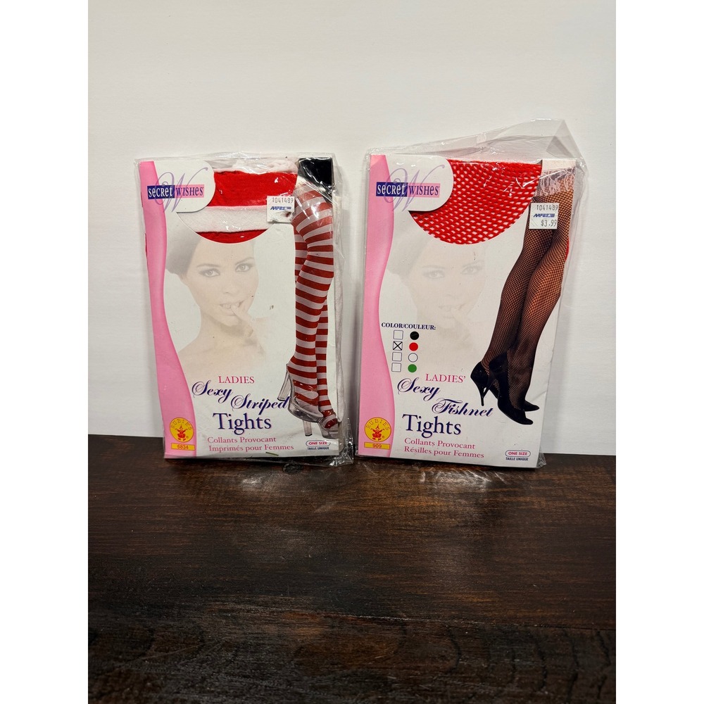 Secret Wishes Red White Striped & Red‎ Fishnet Tights Set One Size Rubies 2 Pack